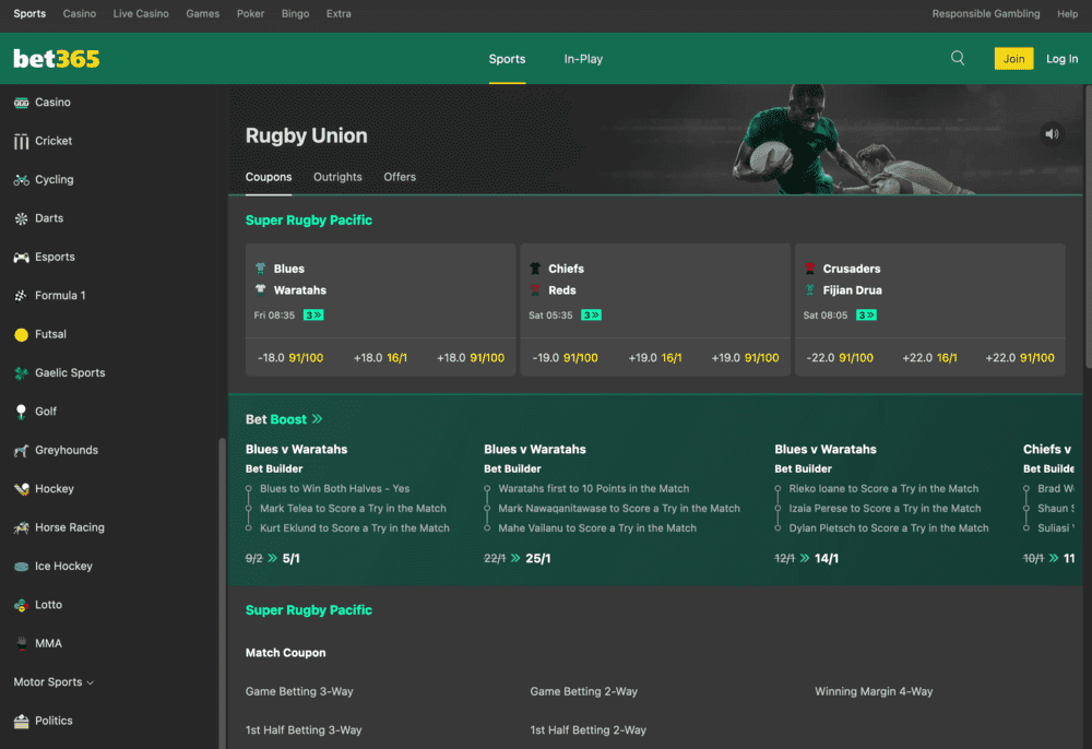 bet365's Rugby Union market selection