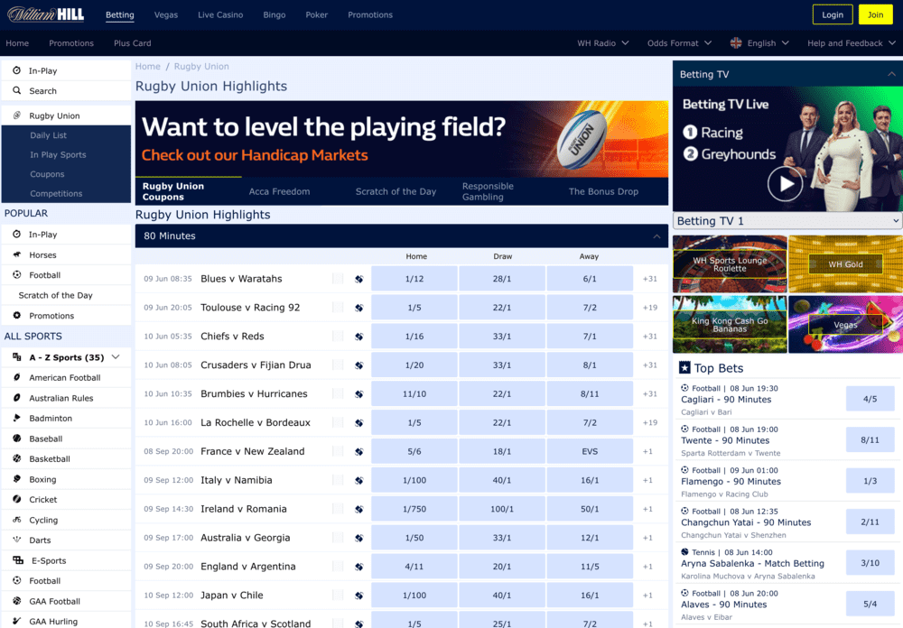 William Hill's rugby betting